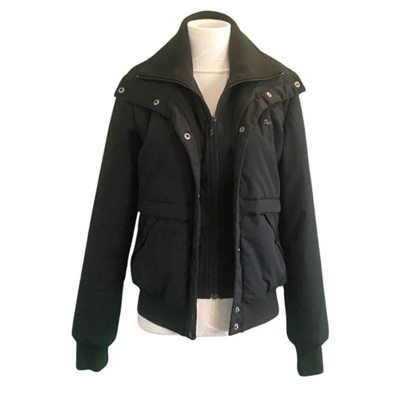 Lacoste Long Sleeve Black Double Collar Zip Front Snap Close Puffer Jacket Sz 38 - Picture 2 of 7